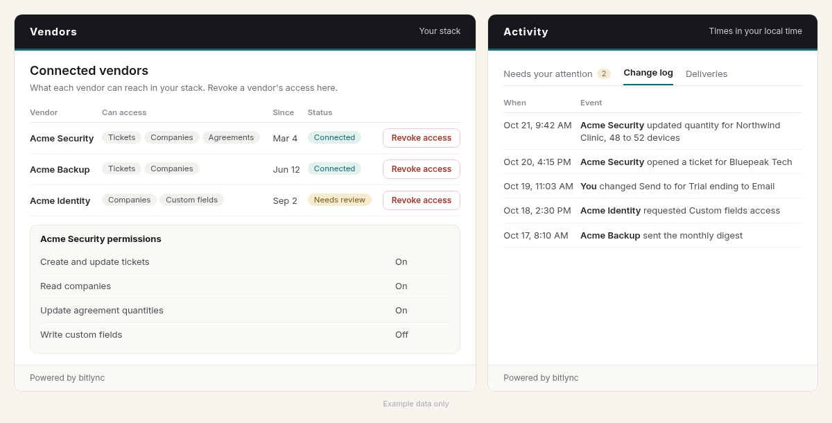 Connected vendors and Activity change log