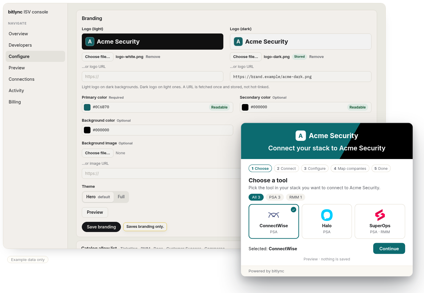 Branding settings with the Connect screen your MSPs see